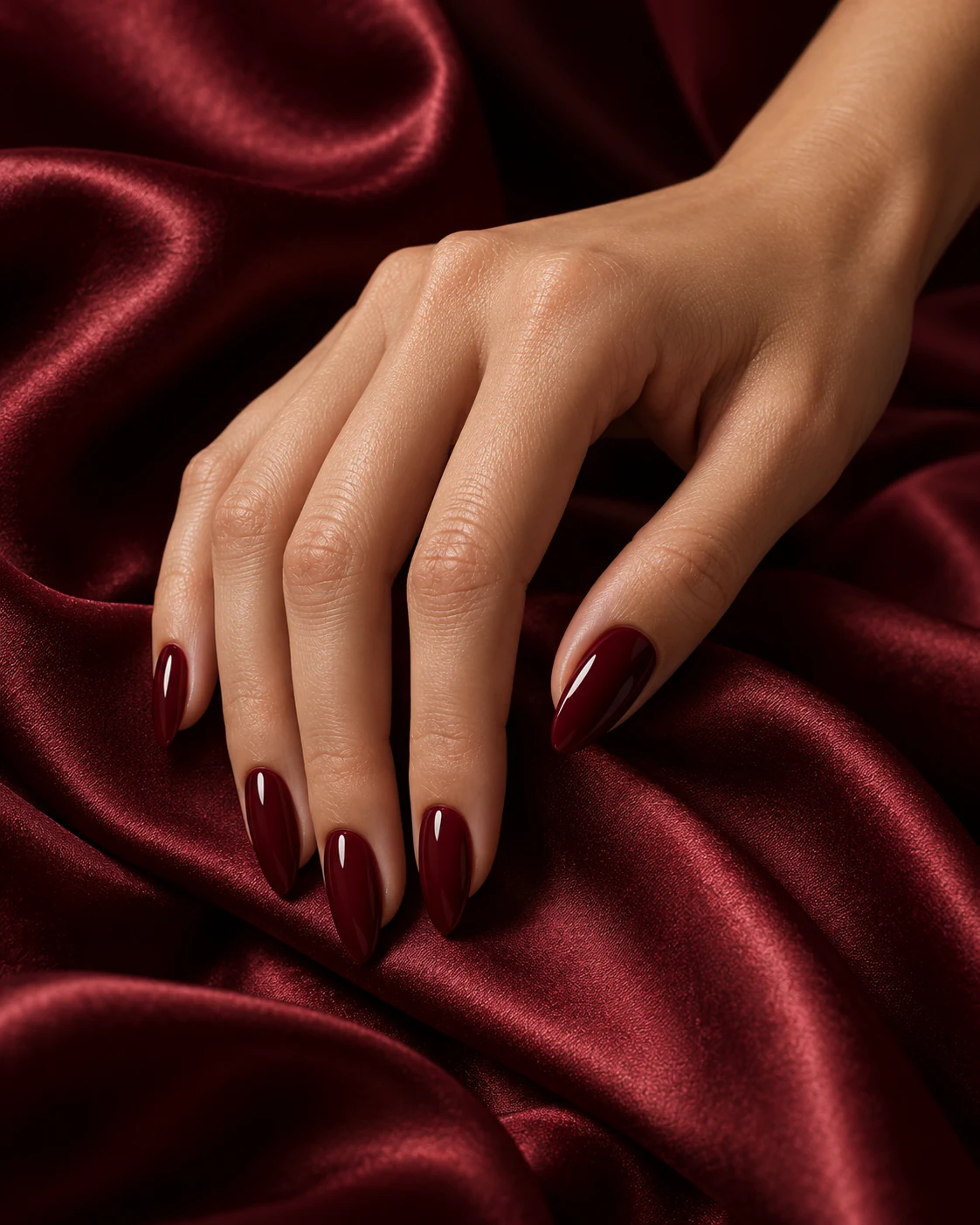 Editorial-Inspiration: glänzende bordeauxrote Mandelnägel auf dunklem Satin
